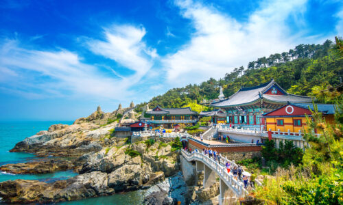 Haedong Yonggungsa Temple and Haeundae Sea in Busan, Buddhist temple in Busan, South Korea.